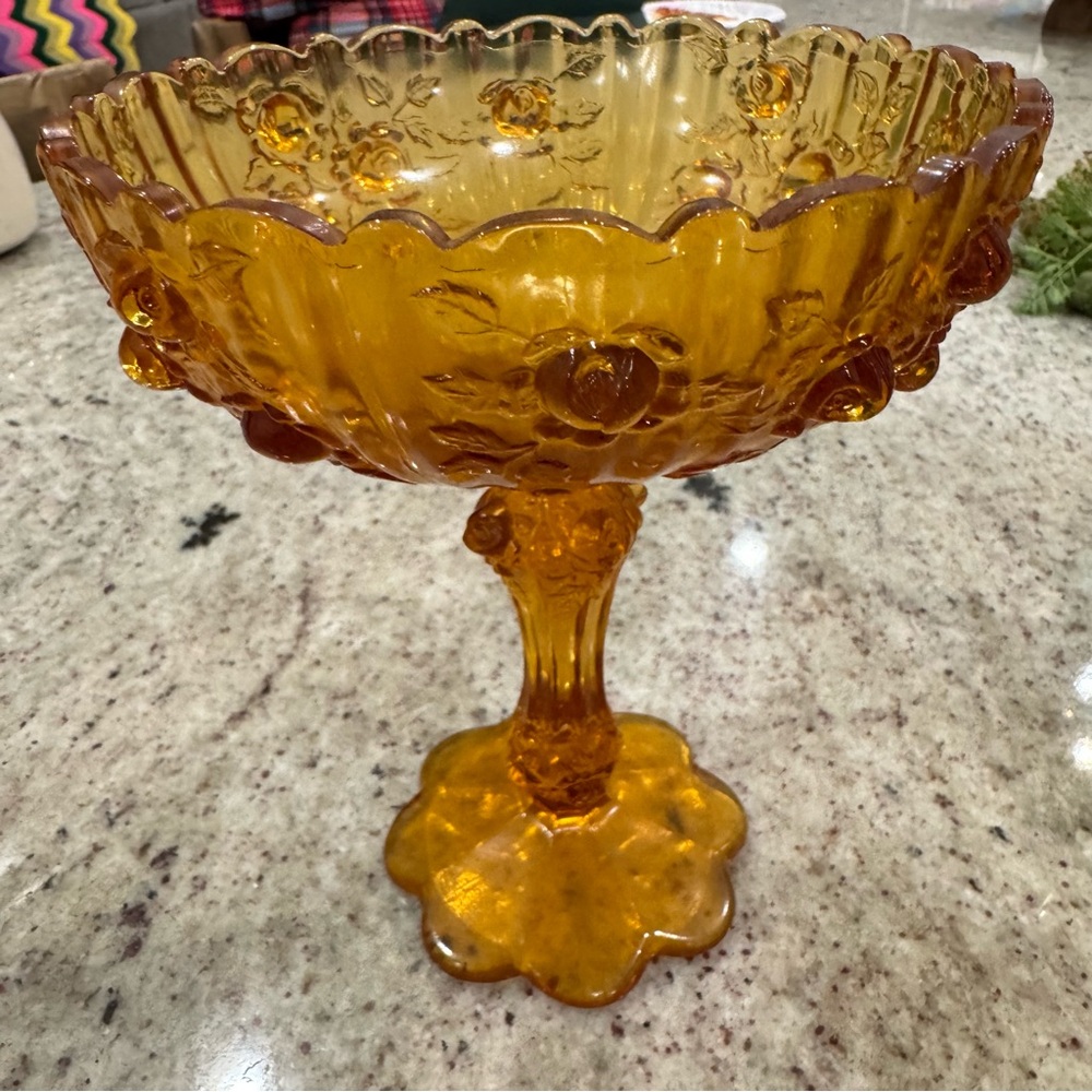 Vintage Cabbage Rose Tall Compote Candy Dish Amber Glass scallop edge